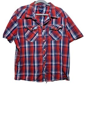 Vintage SMITH Red Plaid Pearl Snap Western Short-Sleeve Sz XL